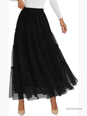 Tulle Skirt High Waisted Tiered Flowy Fairy A-Line Casual Maxi Long Skirt